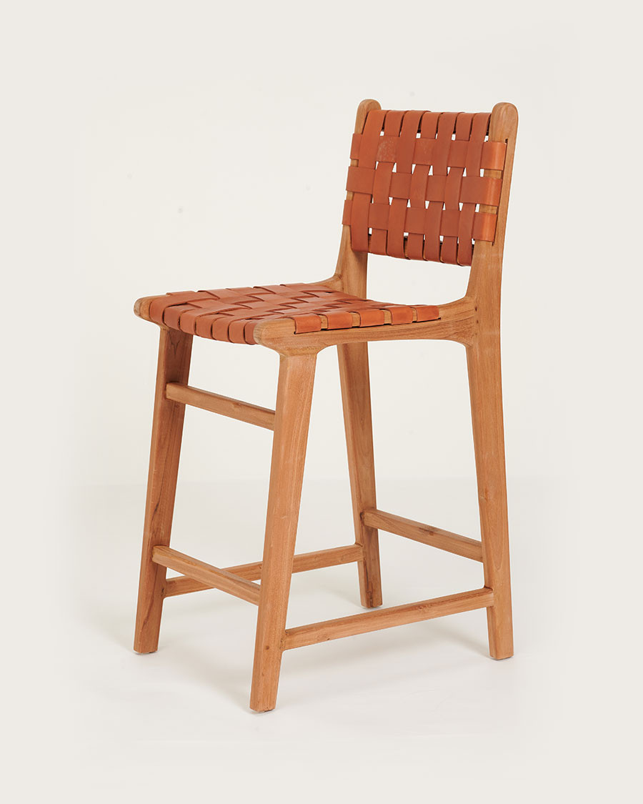 Ambra - Set of 2 Bar Stools in Solid Teak and Brown Braided Cowhide Leather