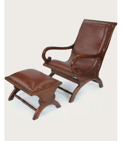 Lazy - Colonial armchair with footrest in teak and brown leather