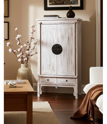 Kensington White - Armoire patinée blanche en bois massif de mindi
