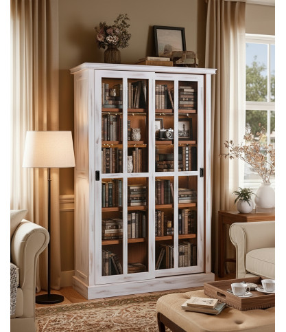 Oxford White - Bibliothèque blanche en bois massif à portes coulissantes