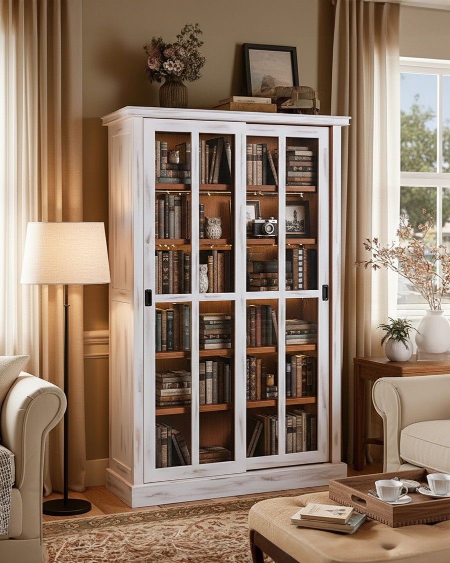 Oxford White - White Solid Mindi Wood Bookcase with Sliding Doors
