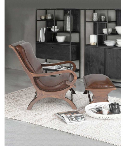 Lazy - Colonial armchair with footrest in teak and brown leather