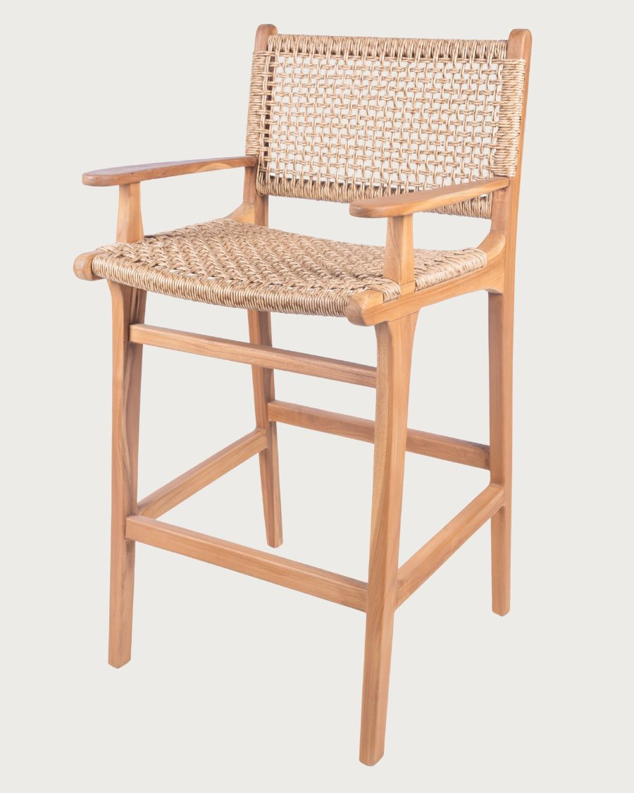Nolan Arm - Set of 2 teak and rope bar stools with armrests