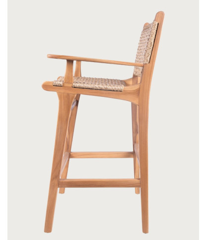 Nolan Arm - Set of 2 teak and rope bar stools with armrests