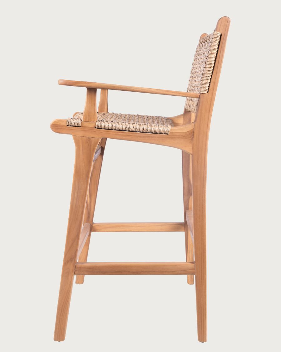 Nolan Arm - Set of 2 teak and rope bar stools with armrests