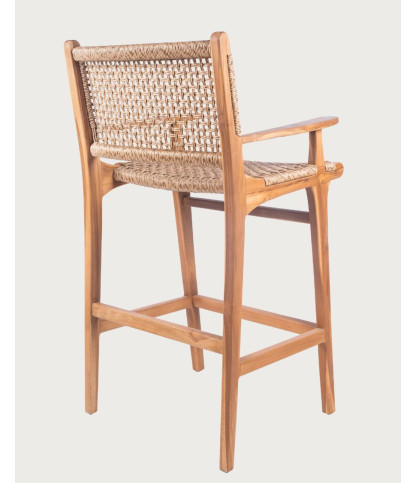 Nolan Arm - Set of 2 teak and rope bar stools with armrests