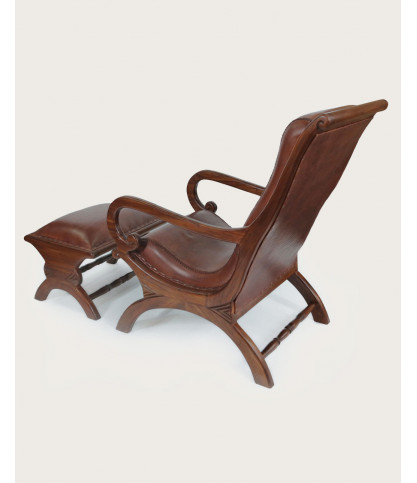 Lazy - Colonial armchair with footrest in teak and brown leather