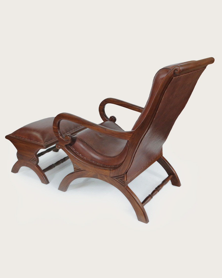 Lazy - Colonial armchair with footrest in teak and brown leather