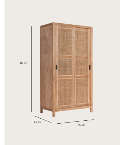 Tiraya - Kledingkast met schuifdeuren van Mindi-hout en natuurlijk rotan