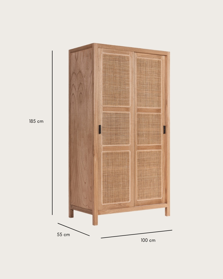 Tiraya - Wardrobe with sliding doors in Mindi wood and natural rattan