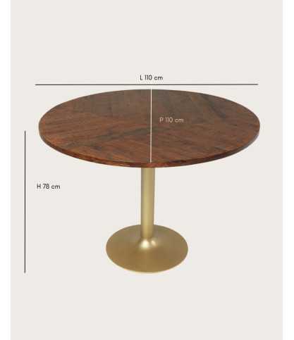 Prague - Mesa de comedor redonda de madera maciza con base de tulipán dorada, 110 cm de diámetro, capacidad para 6 personas.