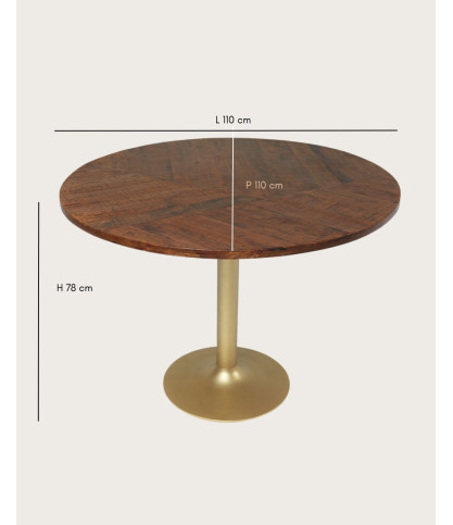 Prague - Table repas ronde en bois massif et pied tulipe doré D110 cm 6 pers
