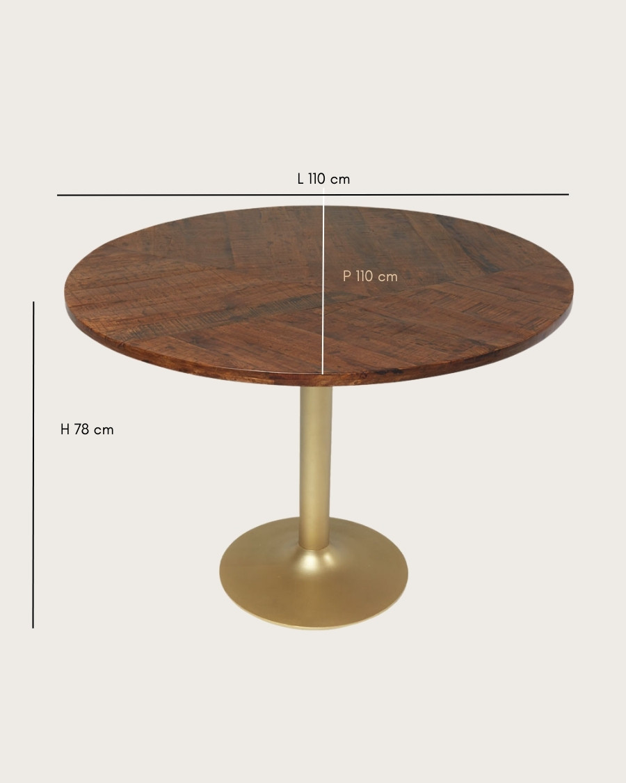 Prag - Runder Esstisch aus Massivholz mit goldenem Tulpenfuß D110 cm 6 Personen