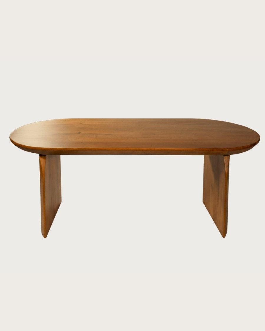Vega - Mesa de comedor ovalada de madera de acacia, base de diseño curvo y estilo minimalista.