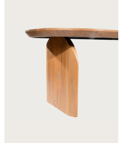 Véga - Mesa de comedor ovalada de madera de acacia, base de diseño curvo y estilo minimalista