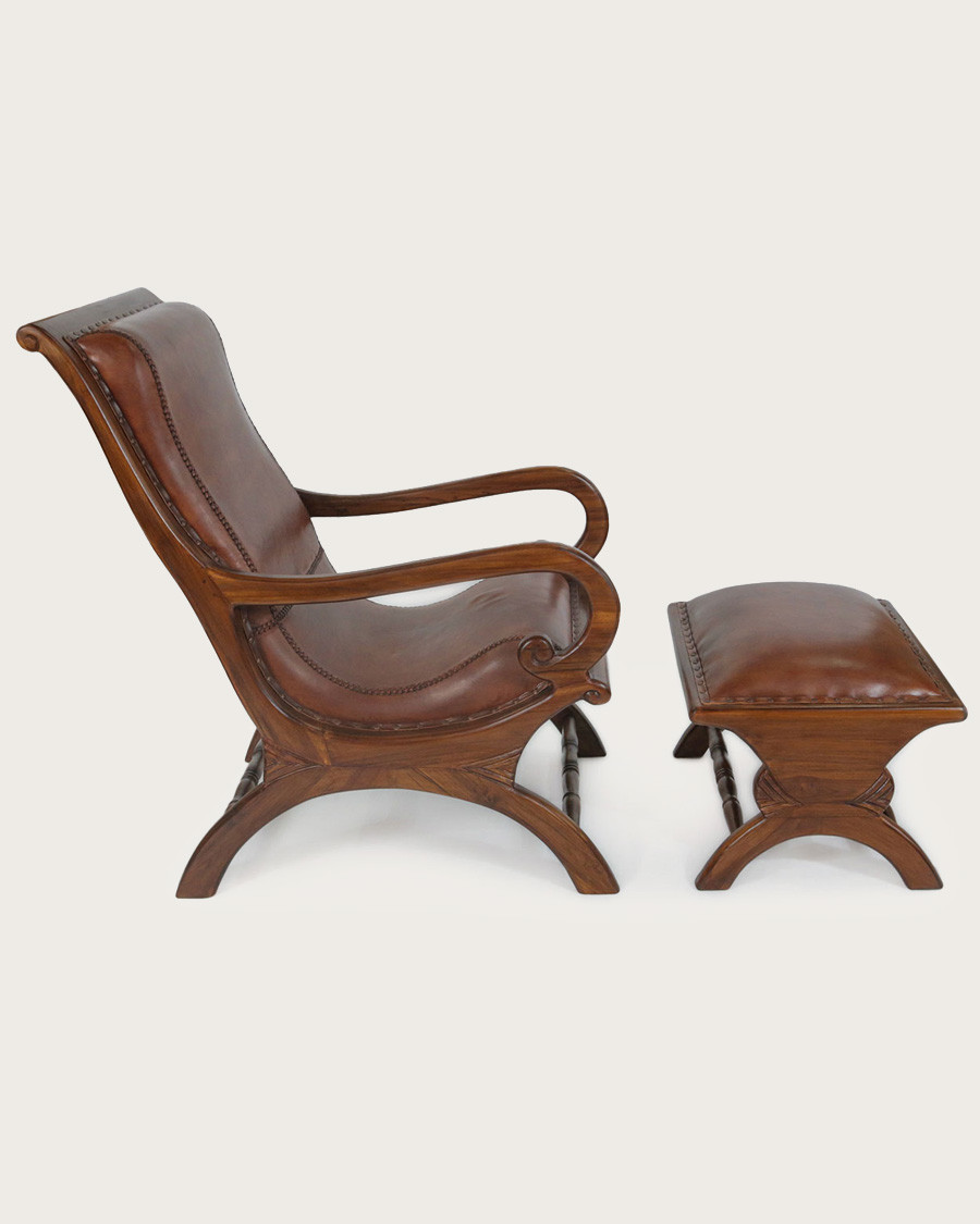 Lazy - Colonial armchair with footrest in teak and brown leather