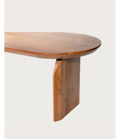 Vega - Mesa de comedor ovalada de madera de acacia, base de diseño curvo y estilo minimalista.