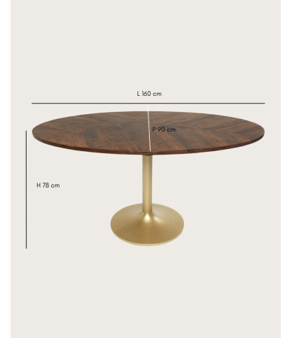 Mesa de comedor ovalada Leaf de madera de mango y metal dorado, 160 cm de largo, para 8 personas.