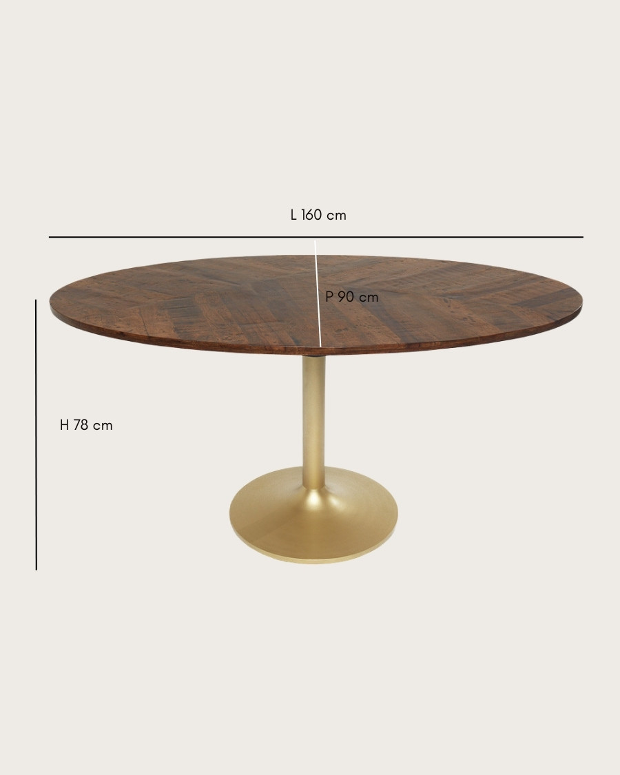 Mesa de comedor ovalada Leaf de madera de mango y metal dorado, 160 cm de largo, para 8 personas.