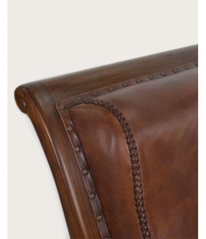 Lazy - Colonial armchair with footrest in teak and brown leather