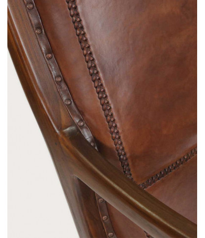 Lazy - Colonial armchair with footrest in teak and brown leather