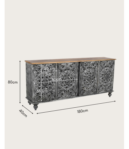 Lotus - Groot zwart gebeitst dressoir van massief gesneden mangohout, 180 cm
