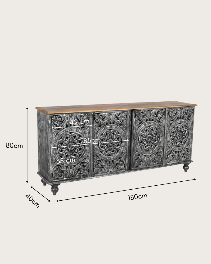 Lotus - Großes schwarz gekälktes Sideboard aus massivem Mangoholz, geschnitzt 180 cm