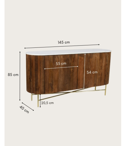 Céline - Aparador de madera maciza con tapa de mármol blanco 145 cm