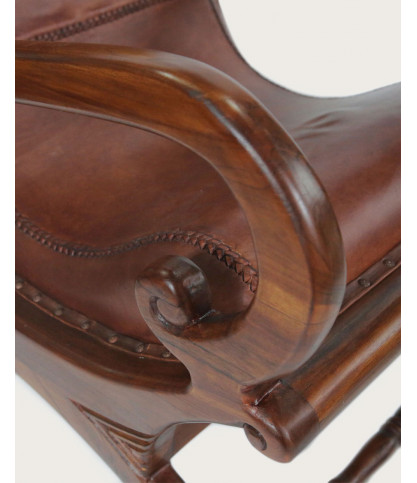 Lazy - Colonial armchair with footrest in teak and brown leather