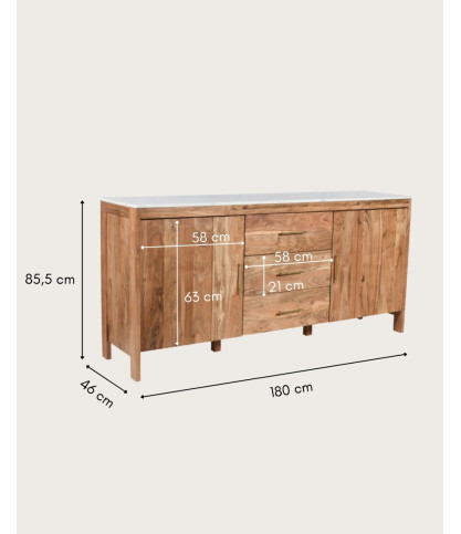 Havena - Aparador de madera maciza y mármol blanco 180 cm