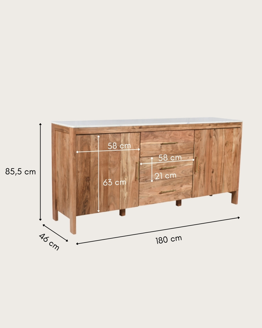 Havena - Aparador de madera maciza y mármol blanco 180 cm