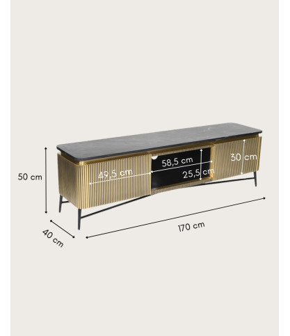 Glory - Mobile porta TV con finitura in ottone anticato e piano in marmo nero, 170 cm