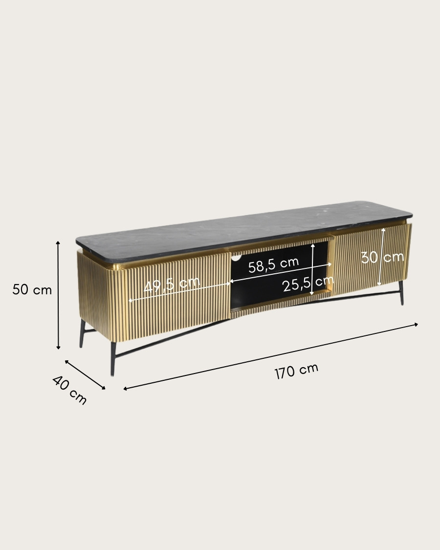 Glory - Mobile porta TV con finitura in ottone anticato e piano in marmo nero, 170 cm