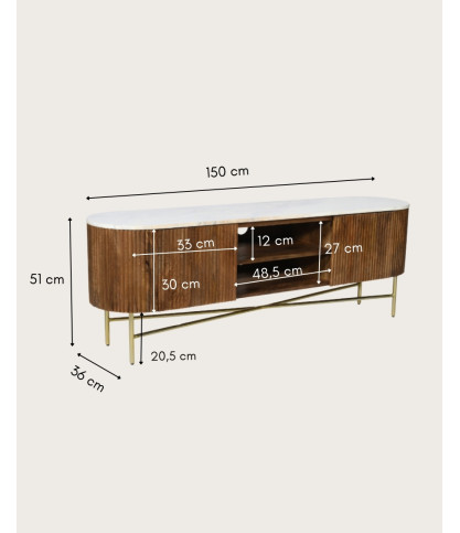 Céline - Mueble de TV de madera de mango con encimera de mármol 150 cm