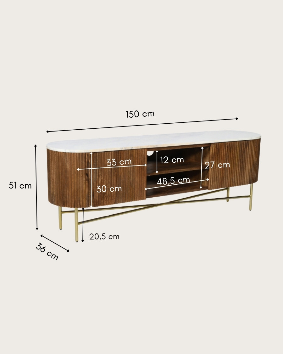 Céline - Meuble tv en bois de manguier avec plateau en marbre 150 cm