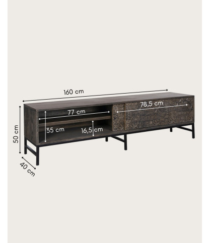 Hawaï - Meuble TV noir en manguier massif sculpté 160 cm