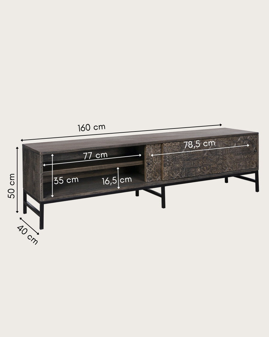 Hawaï - Meuble TV noir en manguier massif sculpté 160 cm