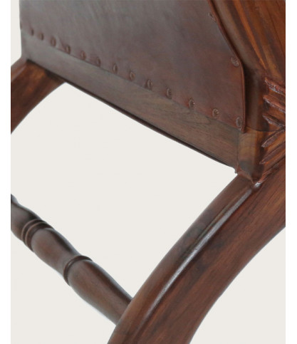 Lazy - Colonial armchair with footrest in teak and brown leather