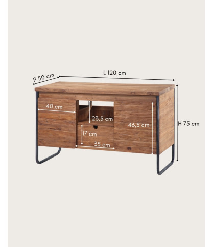 Azur Grand - Industrial bathroom cabinet in teak and metal with 2 doors, 120 cm