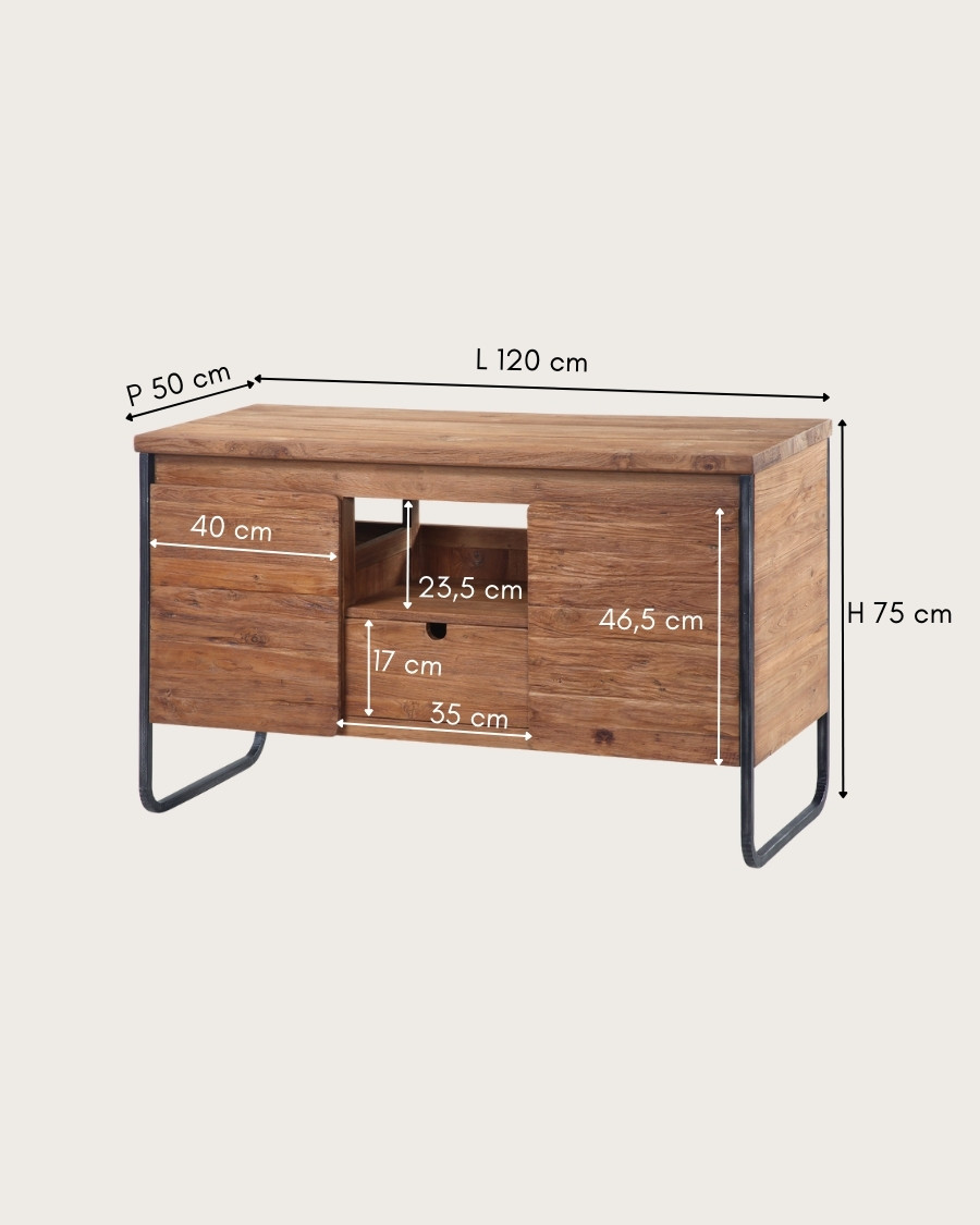 Azur Grand - Industrial bathroom cabinet in teak and metal with 2 doors, 120 cm