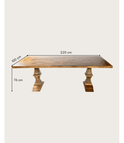 Maestro - Table salle à manger rectangulaire bois eucalyptus, Double Piédestal & Motif à Chevrons