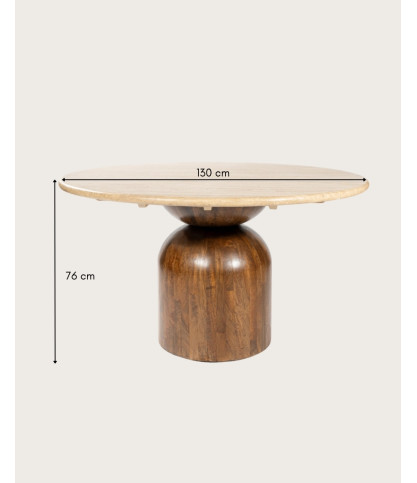 Seraphis - Tavolo da pranzo rotondo con piano in travertino e legno di mango