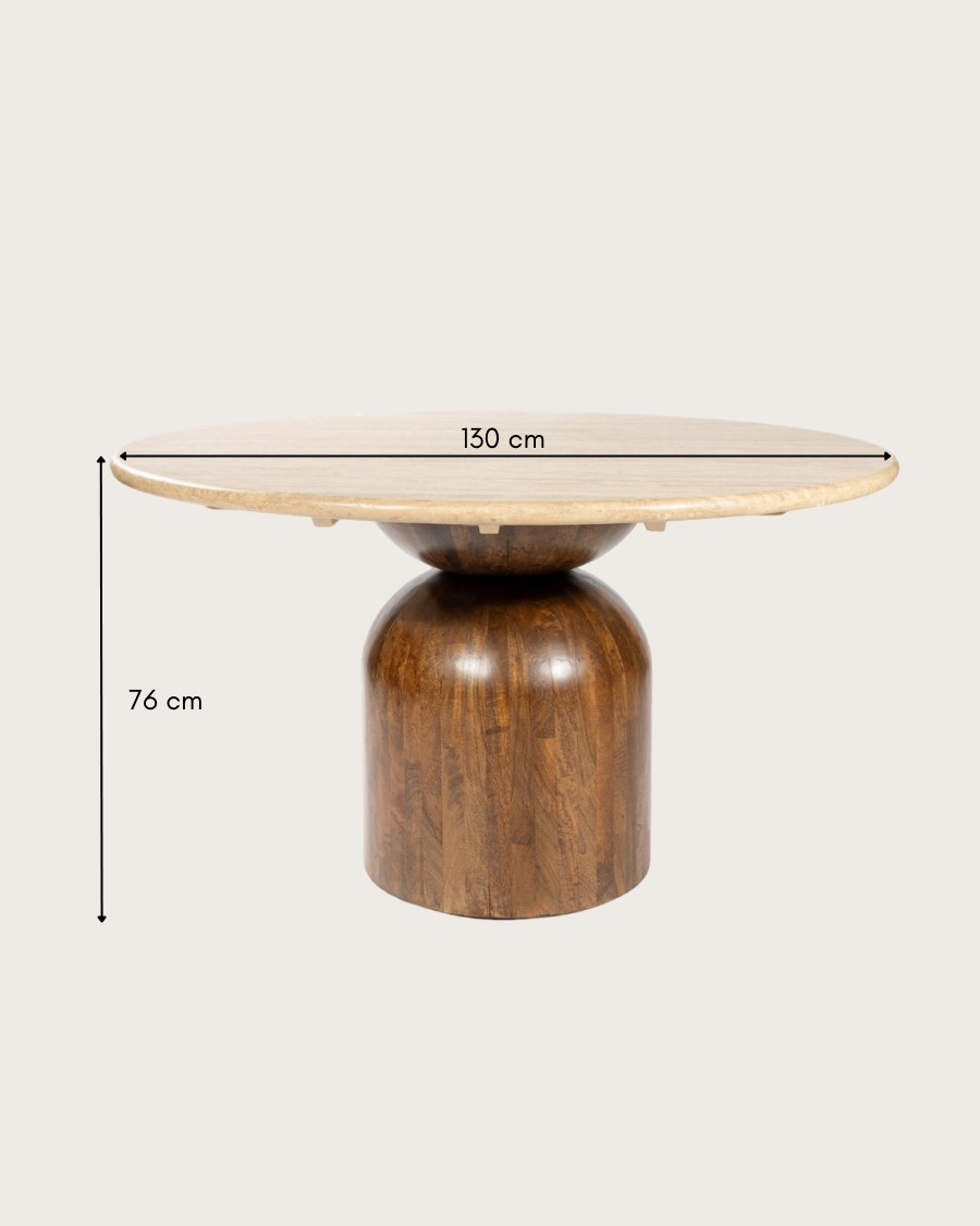 Séraphis - Mesa de comedor redonda de granito, tablero de travertino y base de madera de mango