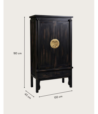 Shanghai - Armoire de mariage noire patinée en bois massif de mindi