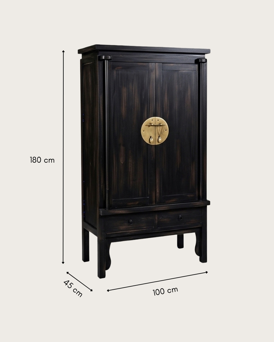 Shanghai - Armoire de mariage noire patinée en bois massif de mindi