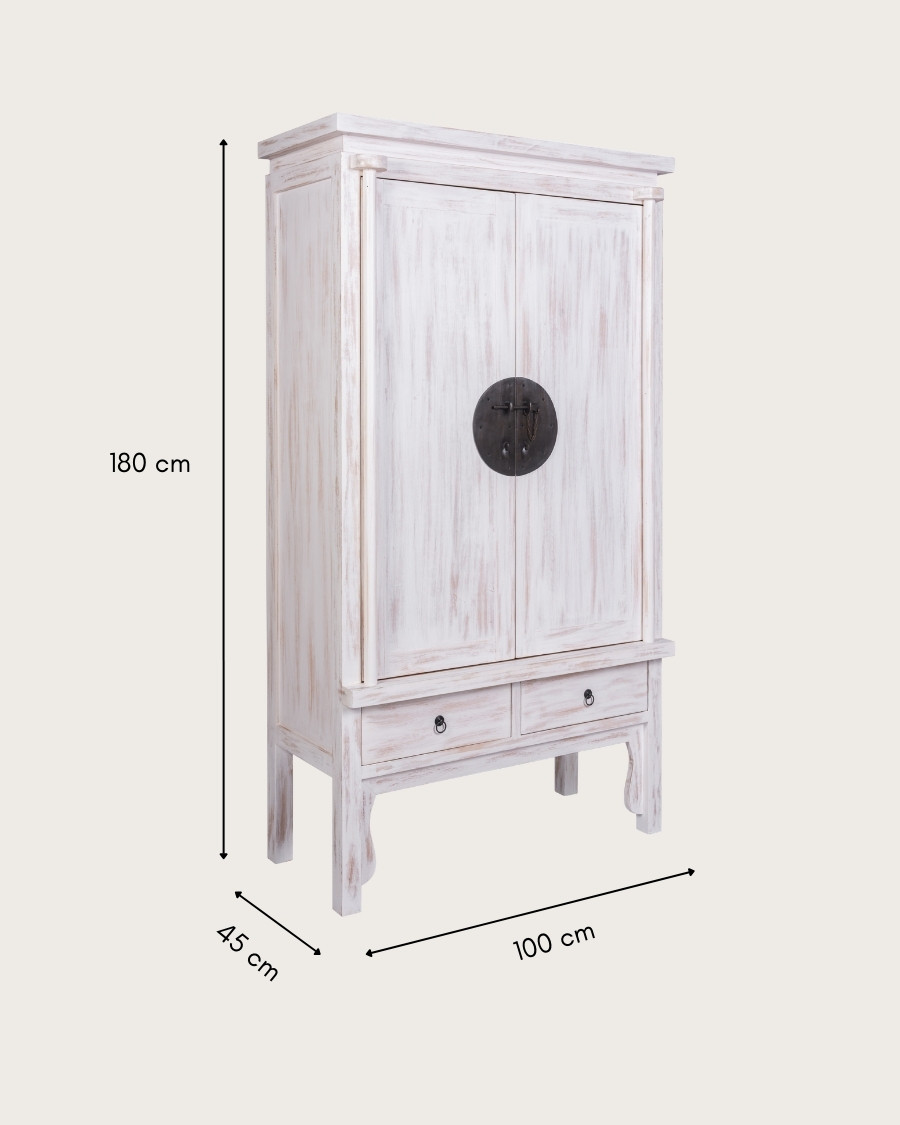 Shanghai - Armoire patinée blanche en bois massif de mindi