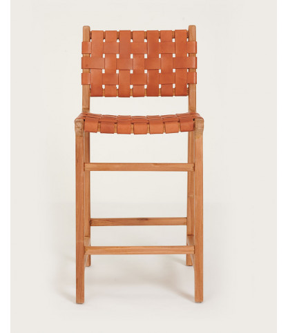 Ambra - Set of 2 Bar chairs in solid teak and brown woven cowhide leather