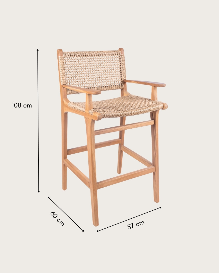 Nolan Arm - Lot de 2 chaise de bar en teck et corde avec accoudoirs