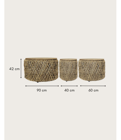 Yuda - Set aus drei Tischen aus massivem Teakholz und Bananengeflecht mit Stauraum