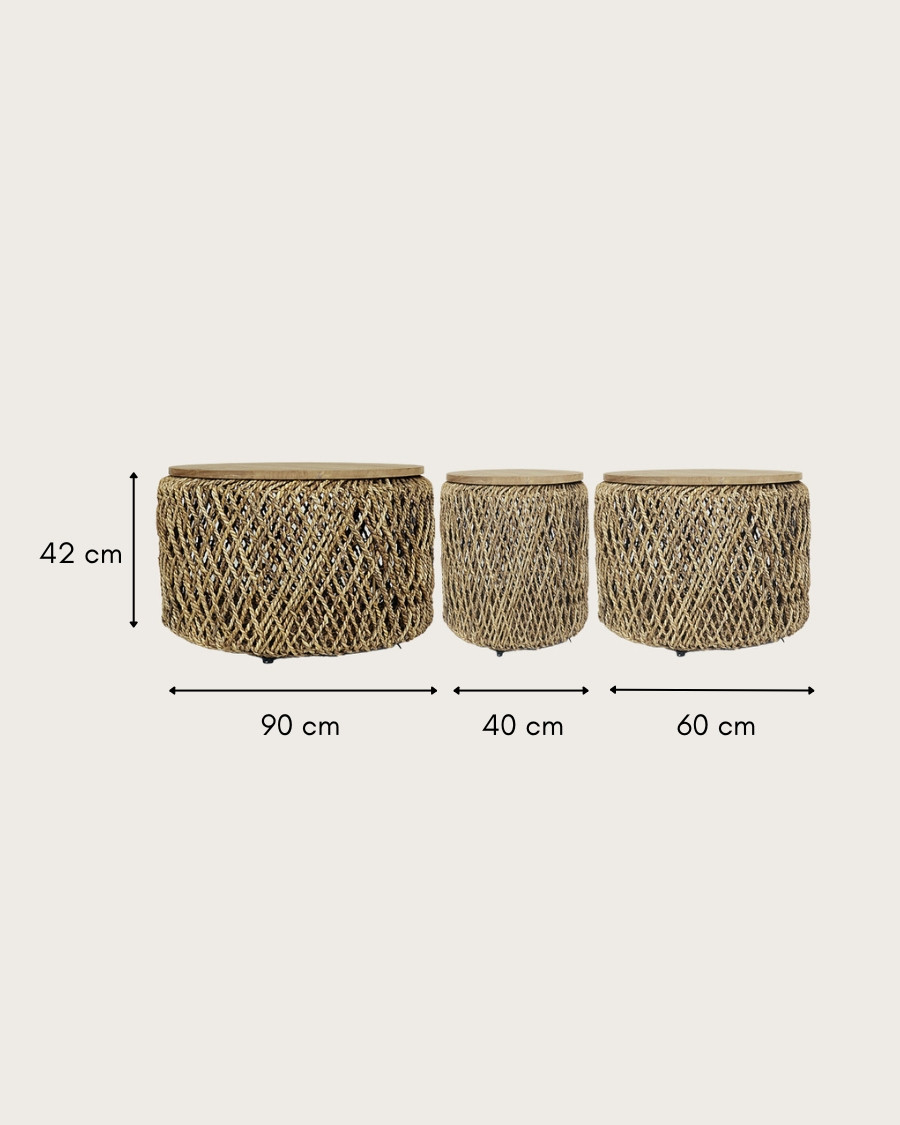 Yuda - Set di tre tavolini in legno massello di teak e intreccio a banana con contenitore